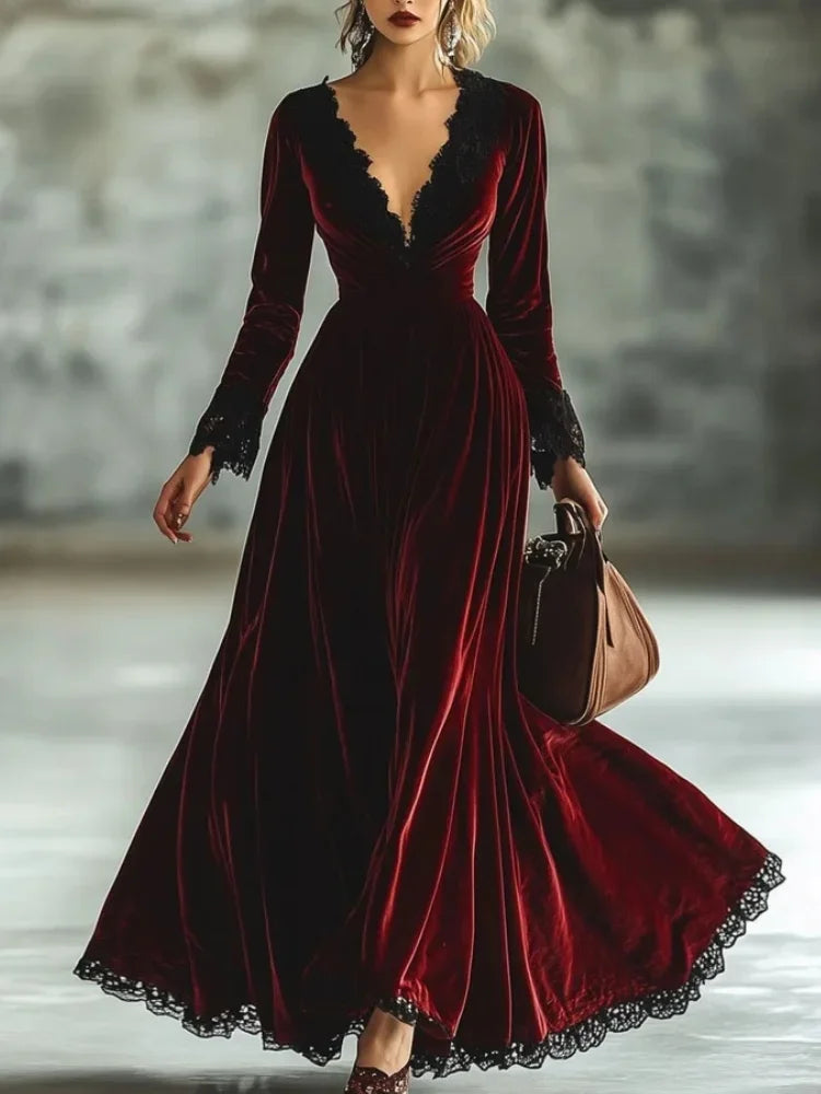 Velvet Dress V-Neck Pleated A-Line Evening Gown With Vintage Lace Hem And High Waist — Burgundy | KIMLUD