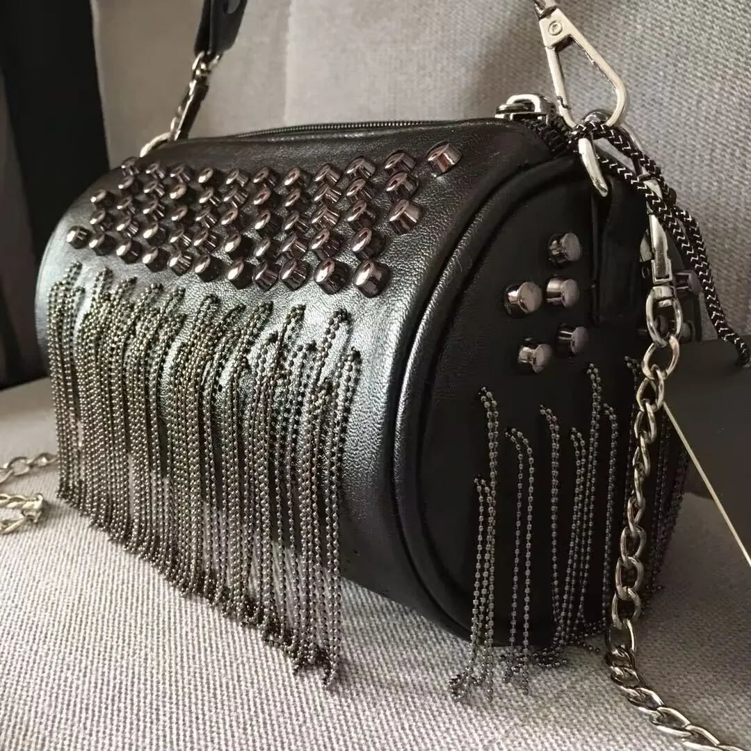 Handbag Mini Tassel Rivet Bucket Bag - Black | KIMLUD