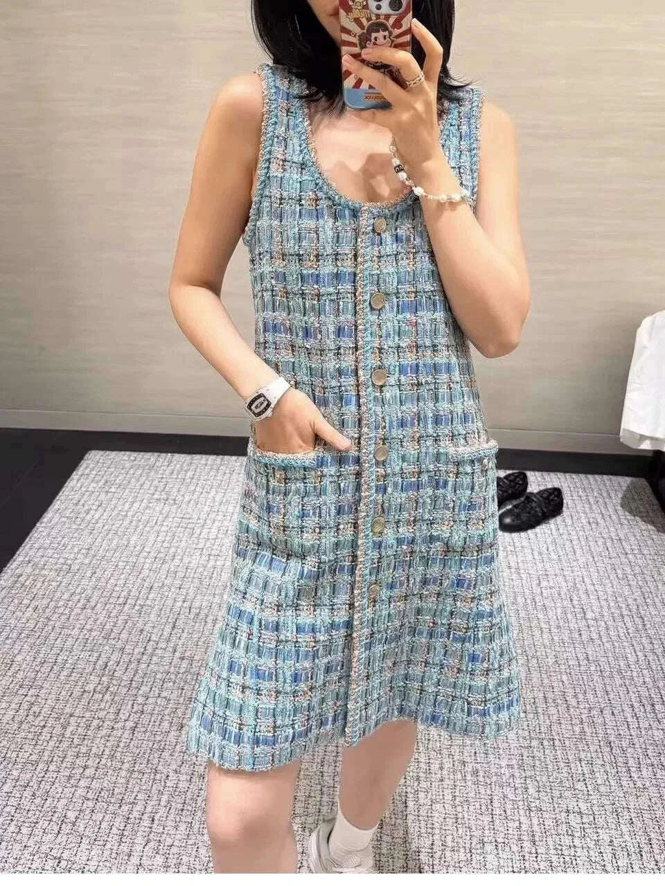 KIMLUD, 2025 New French Lady Blue Green Tweed round Neck Single Button Small Fragrance Style Jacket Vest Dress Set Casual Suit, KIMLUD Womens Clothes