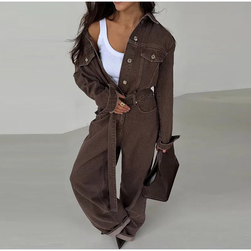 Denim-Inspired Jumpsuit Turn-Down Collar Lace-Up Full Sleeve Wide-Leg — Brown | KIMLUD