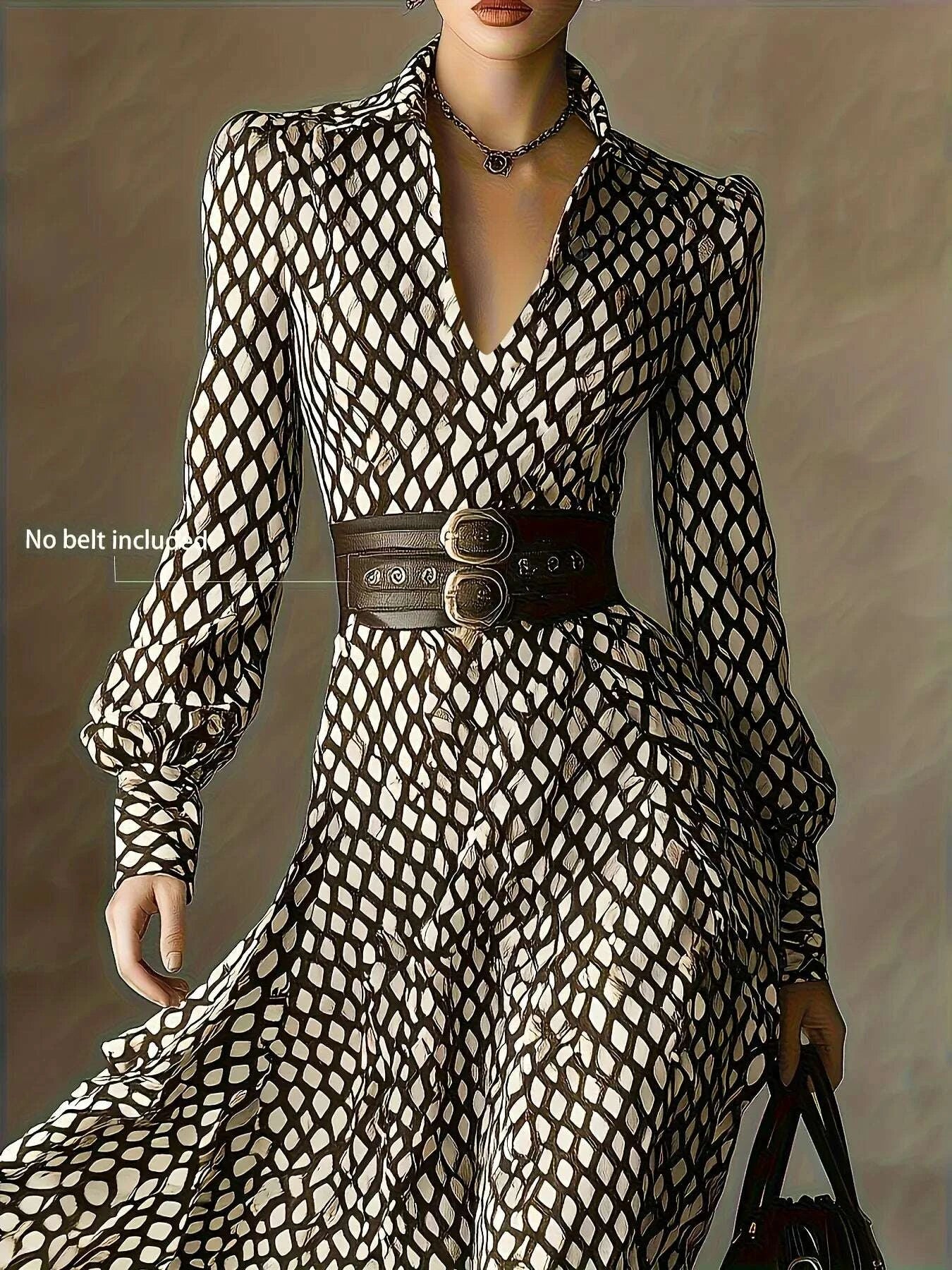 KIMLUD, Women's Vintage Plaid Print Shirt Dress V-neck Bubble Long Sleeve High Waist Slim A- line Skirt Elegant Midi Dress Autumn Fashio, KIMLUD Womens Clothes