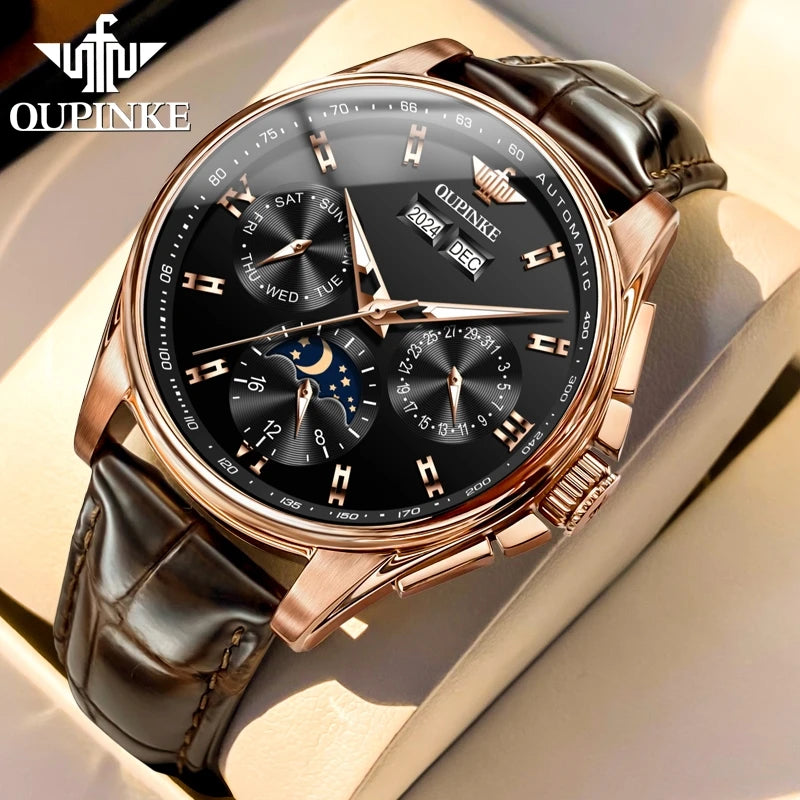 Leather Strap Automatic Watch Moon Phase Chronograph — Silver | KIMLUD