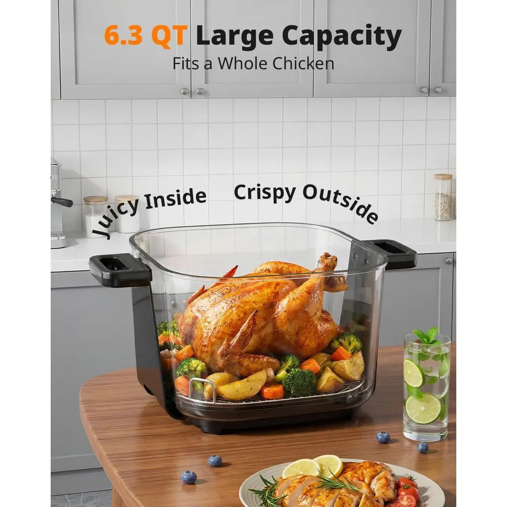 6.3 Qt Glass Air Fryer, 4 Settings & Manual, 105-400℉ Heat, 95% Less Oil, Auto-Pause, Safe for Dishwasher