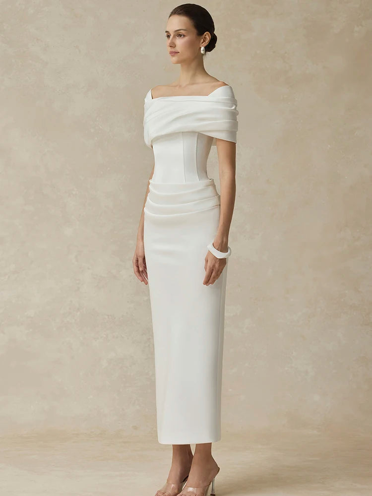 Polyester Slash-Neck Pleated Back Ankle-Length Evening Dress — Black | KIMLUD