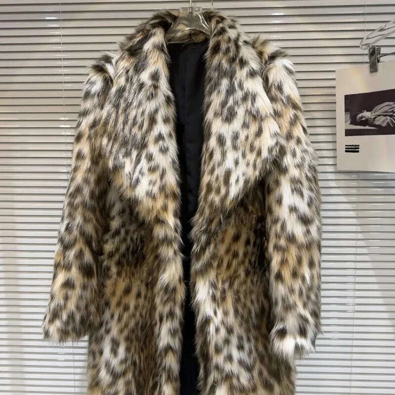 KIMLUD, Luxury Long Faux Fur Coats Lapel Women Fur Coat Winter Warm Mink Coat New Leopard Eco-hair Hottie Long Casual Trench Coat Trend, KIMLUD Womens Clothes