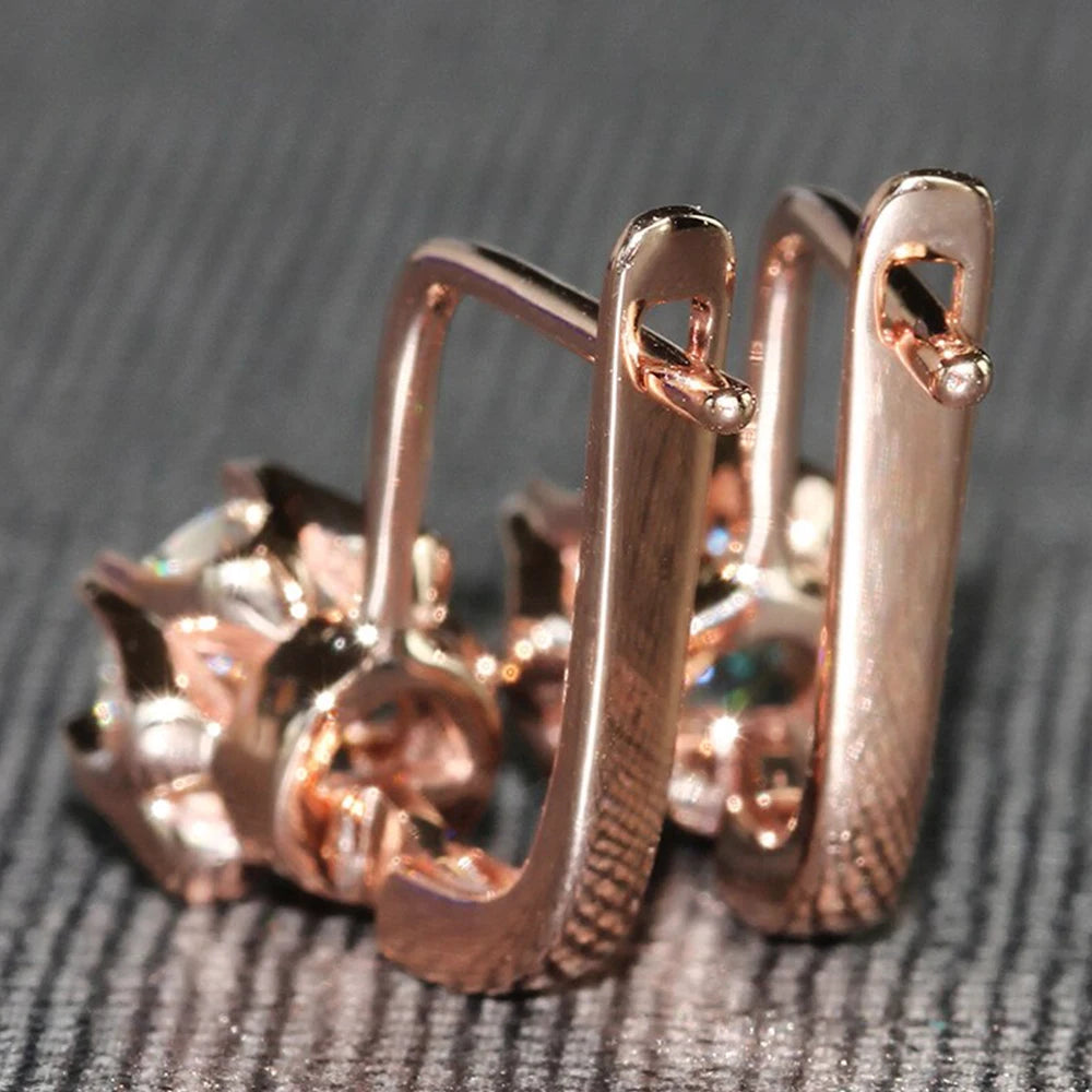 Huitan Rose Gold Color Women's Hoop Earrings New Arrival Fancy Flower Charm Earrings with Cubic Zircon Girl Gift Fashion Jewelry