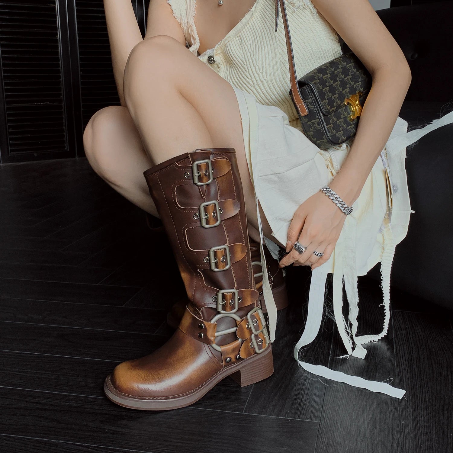 Knee-High Western Boots – Platform Rivet Belt Buckle – Genuine Leather | KIMLUD