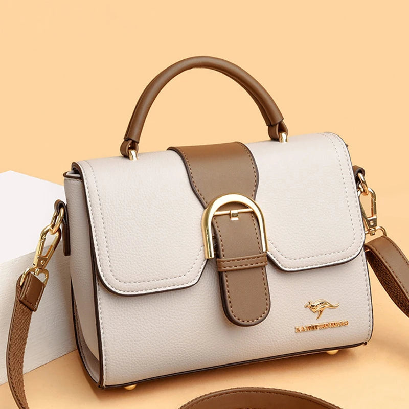 Genuine Cow Leather Shoulder Bag With Subtle Flap And Refined Hardware — Creamy Beige With Taupe Trim | KIMLUD