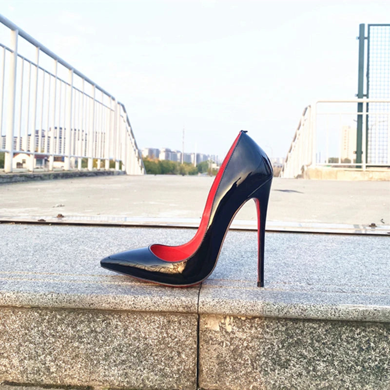 Spring and Autumn New Lacquer Wave V-neck High Heels 12cm Fashionable and Sexy Commuting Single Shoes