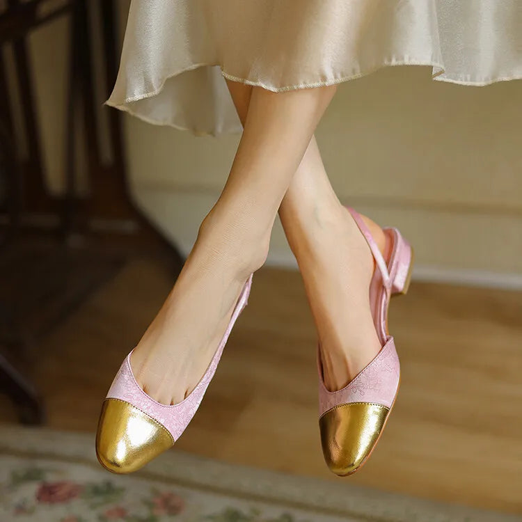 Pink Silk Shallow Women Flats Gold Leather Mixed Slingback Casual Sandals Embroidery Silver Lady Moccasins Femininos Zapatos
