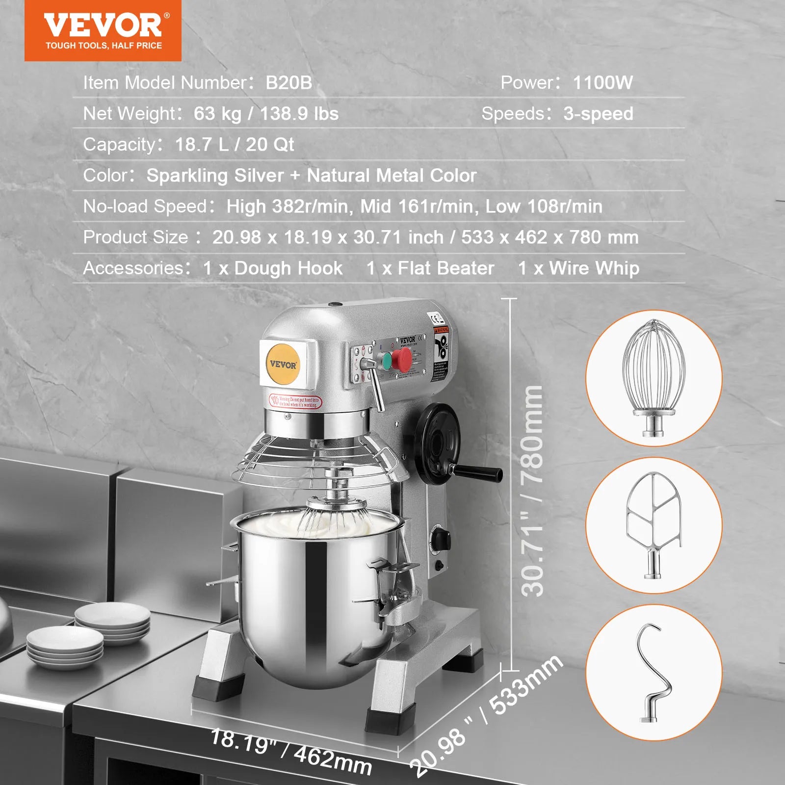 SucceBuy Commercial Food Mixer Commercial Stand Mixer with 3 Speeds Dough Mixer with Stainless Steel Bowl and 3 Attachments