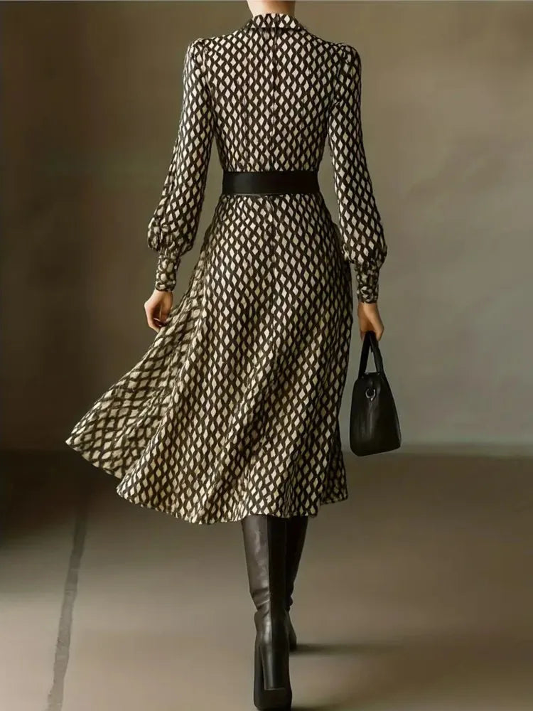 Lantern Long Sleeve Dress - Lapel Print - Jersey - Mid-Calf | KIMLUD
