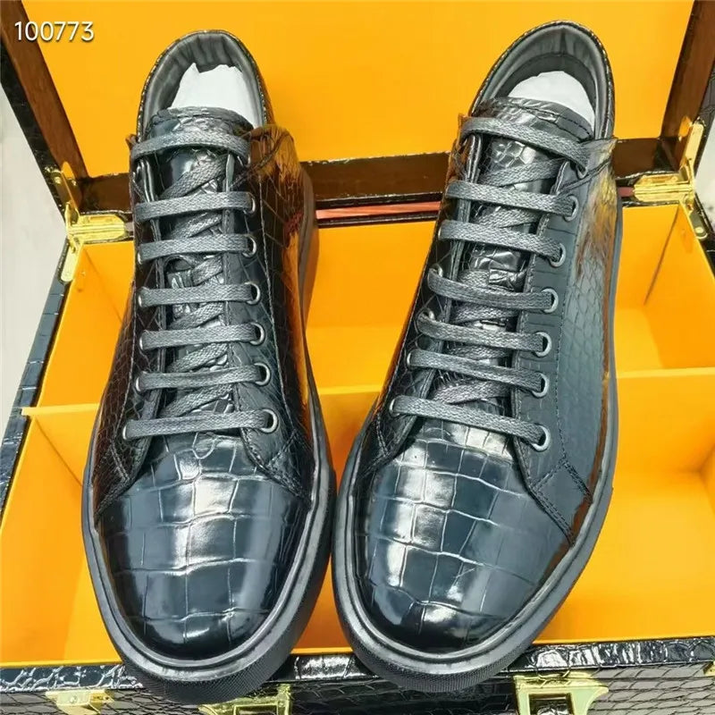 Authentic Exotic Crocodile Skin All-match Men's Black High Top Board Shoes Genuine Alligator Leather Male Lace-up Walking Flats