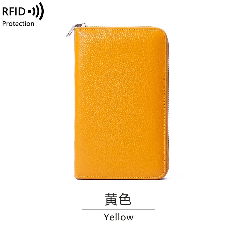 RFID Anti-Theft Cowhide Leather Wallet — Long Passbook Card Slots Black | KIMLUD