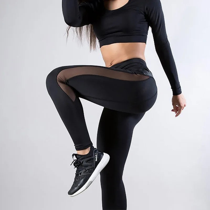 Sports Running Fitness Pants Mesh Breathable Splicing Cropped Pants High Waist Slim Fit Hip Lifting Yoga Pants Women Leggings