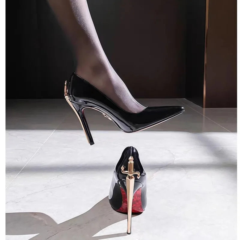 Patent PU Scepter High Heels Pointed Toe With Gold-Tone Stiletto — Black | KIMLUD