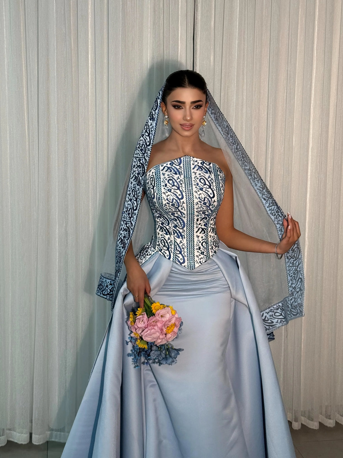 Evening Dress – Corset Print – Taffeta – Light Blue | KIMLUD