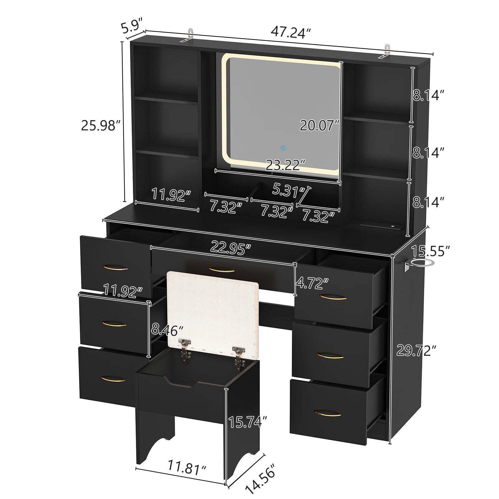 47" Vanity Desk with Mirror and Lights, Large Makeup Vanity with Vanity Chair & Charging Station, Dressing Table with 7 Drawers