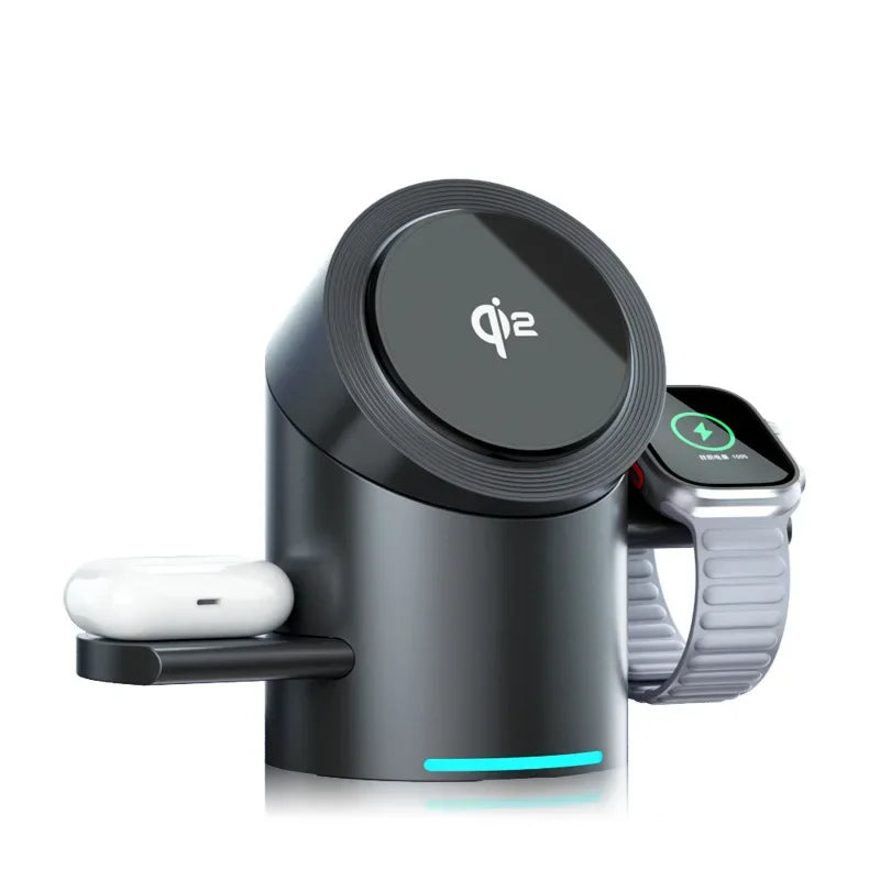 Qi2 3 in 1 Magnetic Wireless Charging Stand with Auto Rotation, Metal Body for IPhone 16 15 14 13 12 & Apple Watch&Airpods
