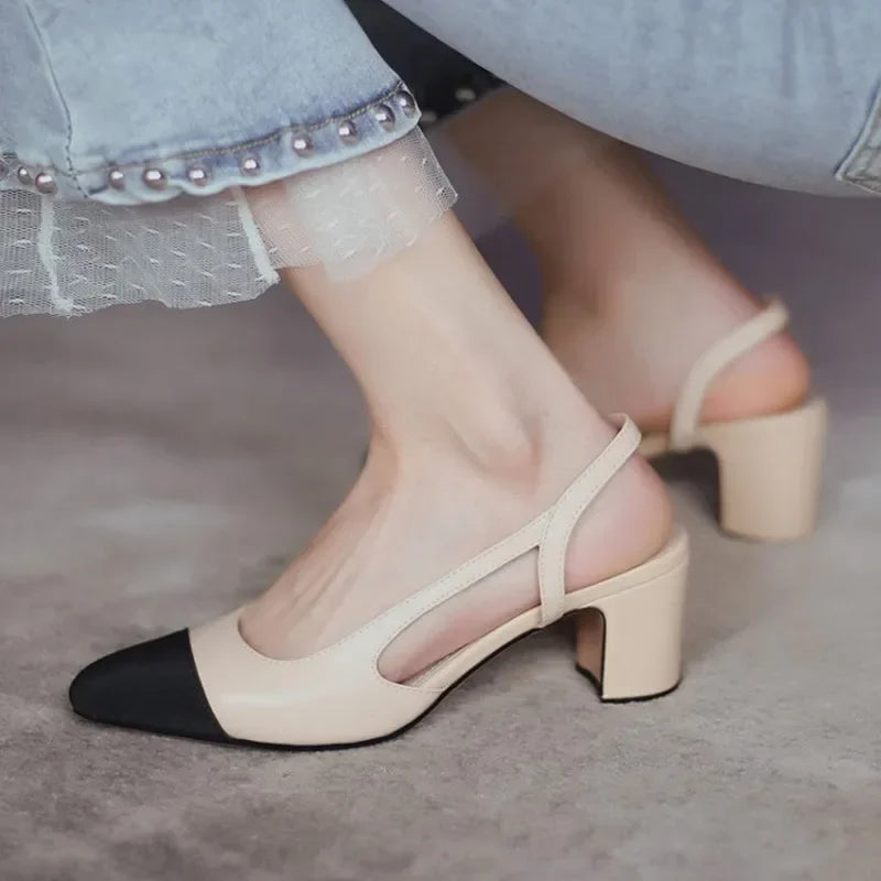 Genuine Leather Slingback Pumps Cap Toe — Beige Nude | KIMLUD