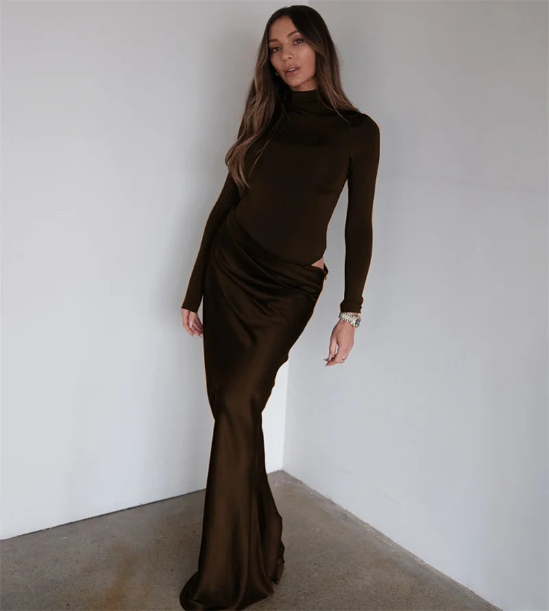 Mozision Autumn Long Sleeve Sexy Maxi Dress Women Fashion Hollow Out Turtleneck Ruched Bodycon Club Party Long Dresses Female