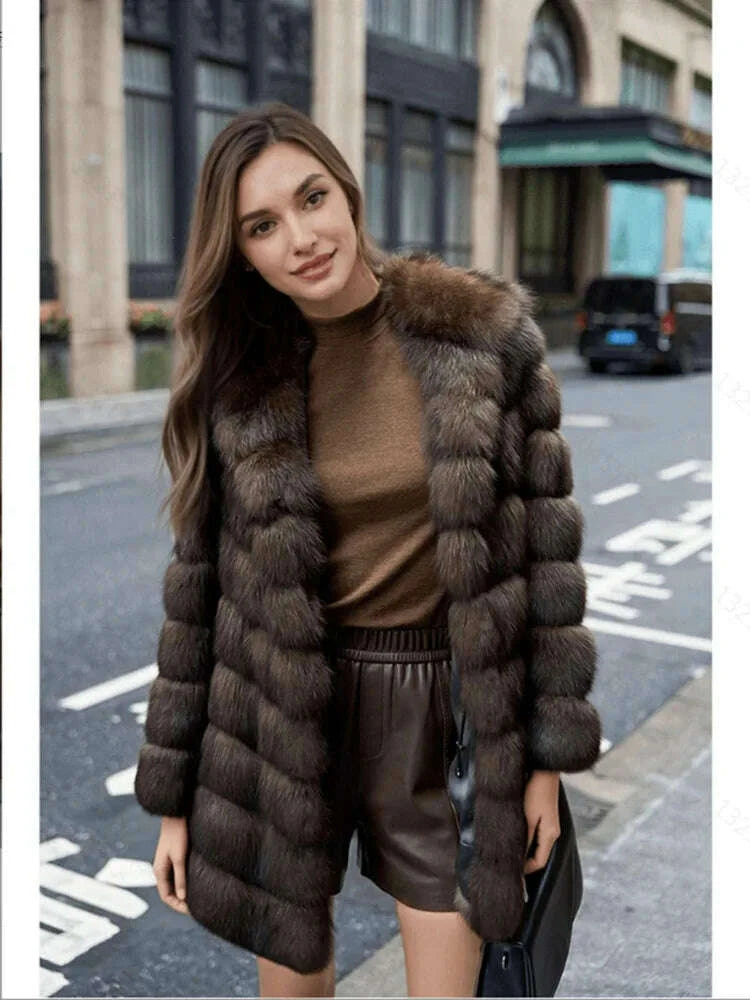 KIMLUD, LANMREM Brown Hooded Women's Faux Mink Fur Coat Thick Autumn Winter Chic New Cardigan Mid Length Loose Warm Jackets 2DB4632, KIMLUD Womens Clothes