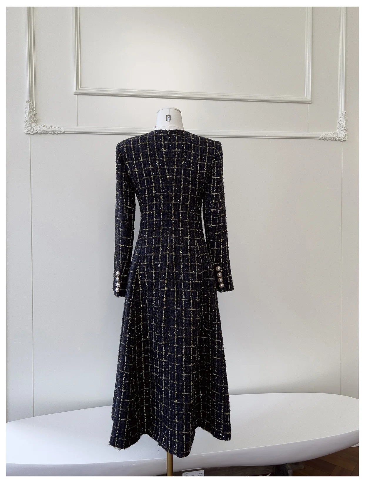 IEQJ Fashion Autumn Winter Evening Dress Women O-Neck Long Sleeves Single-breasted Zipper Cotton Tweed Umbrella Dresses New