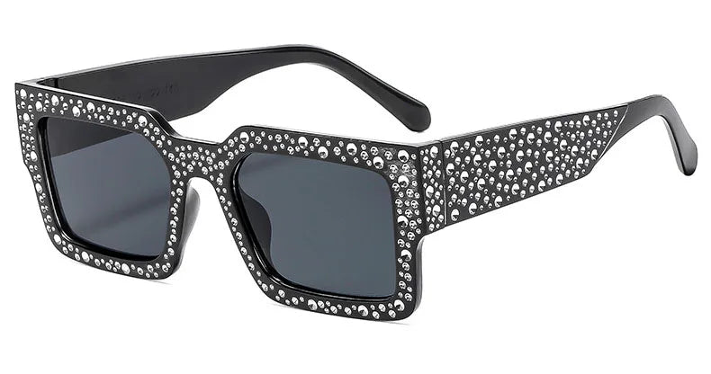 Plastic Diamond-Studded Square Sunglasses — Black | KIMLUD