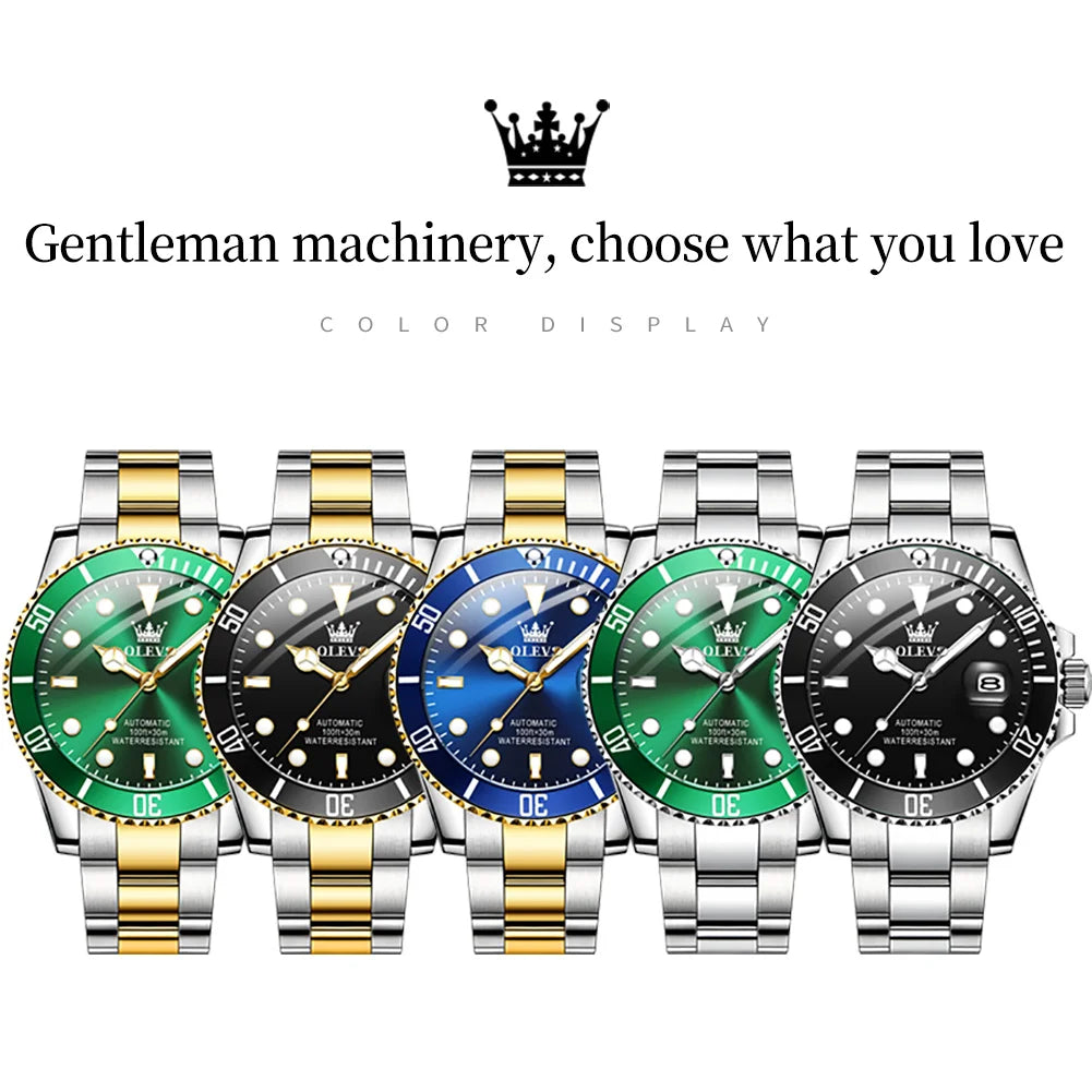 OLEVS Automatic Movement Mechanical Men Watch Green Water Ghost Man Wristwatch Waterproof Stainless Steel Men's Watches Luxury