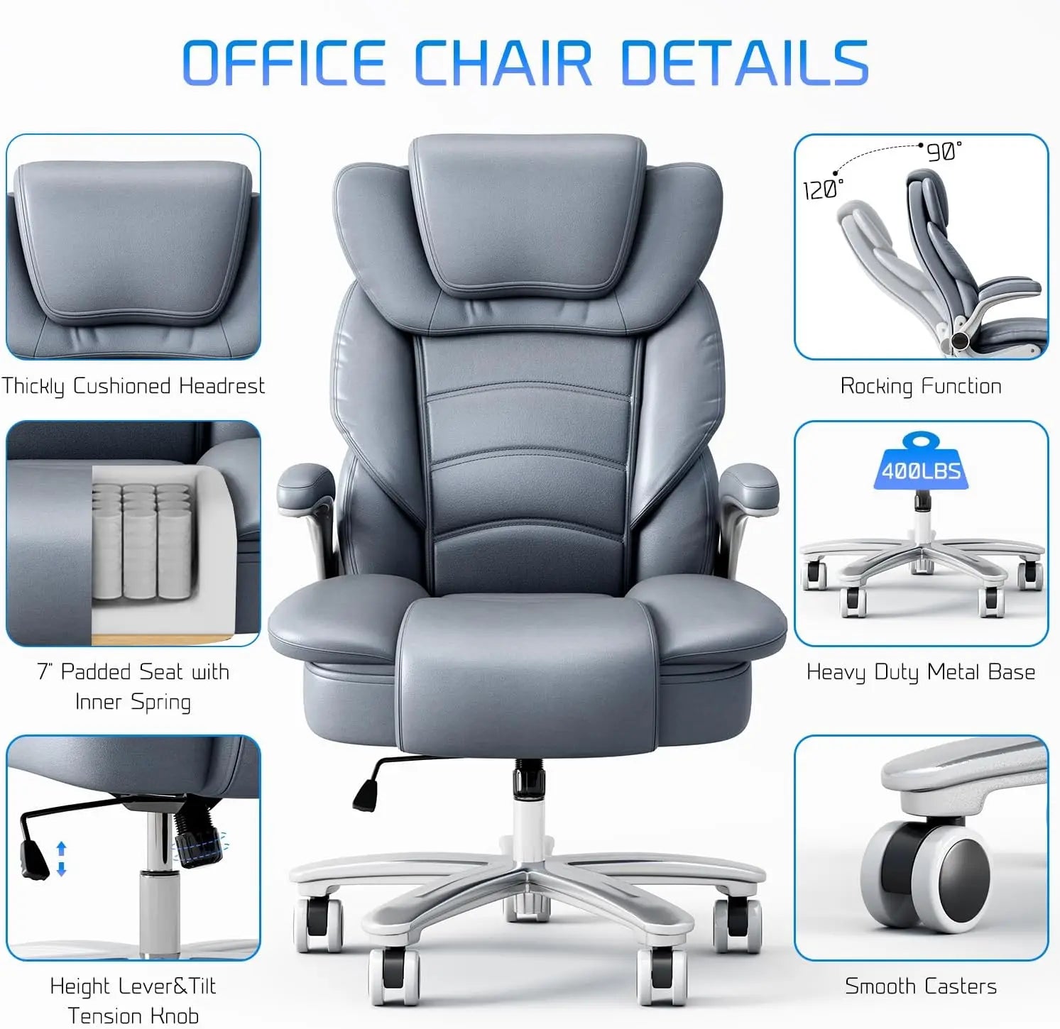 Office Chair 400lb Wide Seat, Ergonomic High Back Leather Executive Desk Chair with Flip-up Arms, Gray/Blue