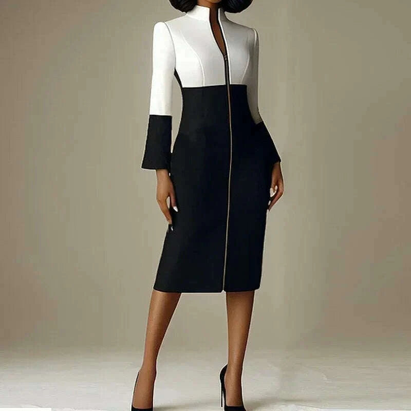 krisstar-2025-new-womens-bodycon-dresses-contrast-color-v-neck-with-zipper-long-sleeves-formal-occasion-office-midi-dresses-kimlud-kimlud-33912065