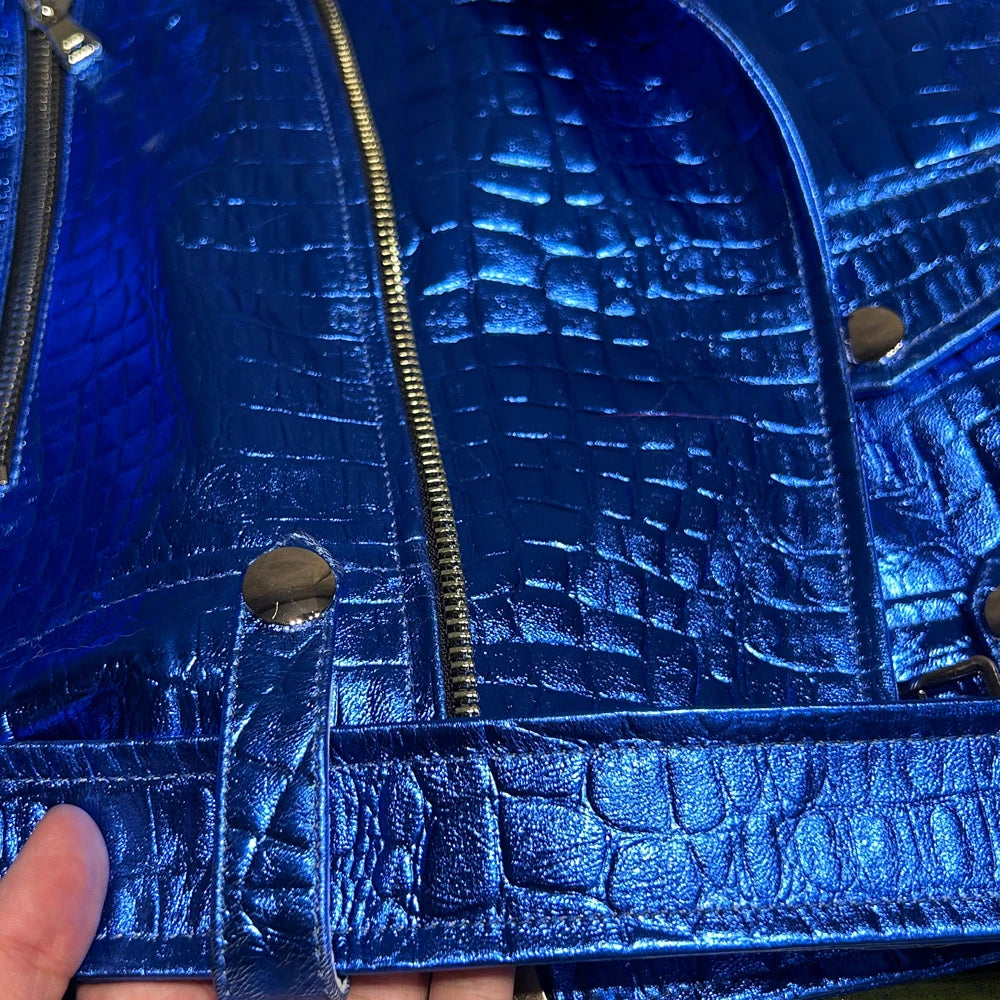 Shiny Blue Women Leather Jacket Real Lambskin Leather Cloth Streetwear Leather Jackets