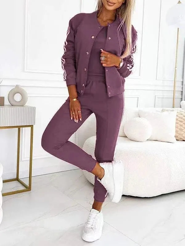 Autumn Three-Piece Set Women's Suit Striped Tape Patch Buttoned Jacket + Tank Top + Pants Sets Lady Sportswear Casual Tracksuits