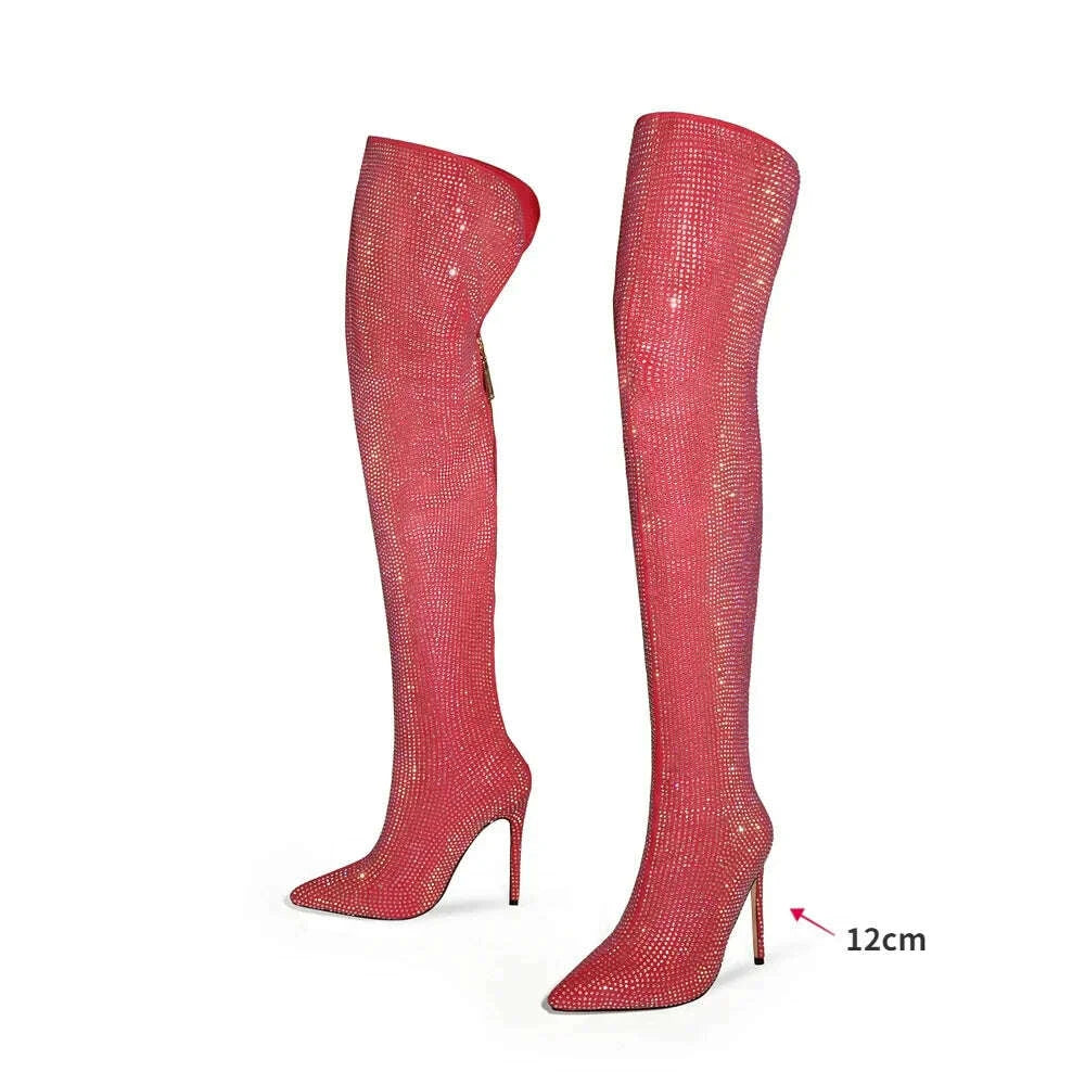 KIMLUD, High quality European and American knee length rhinestone pile boots for women's sexy slim high heeled pointed runway boots, KIMLUD Womens Clothes
