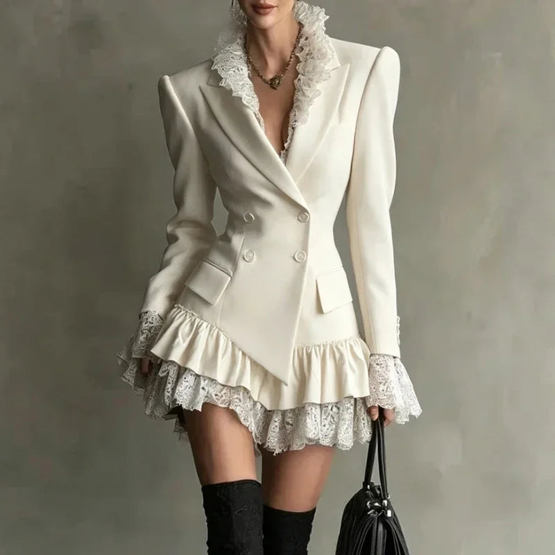 Blazer Dress – Double Breasted Lace Trim – Polyester | KIMLUD