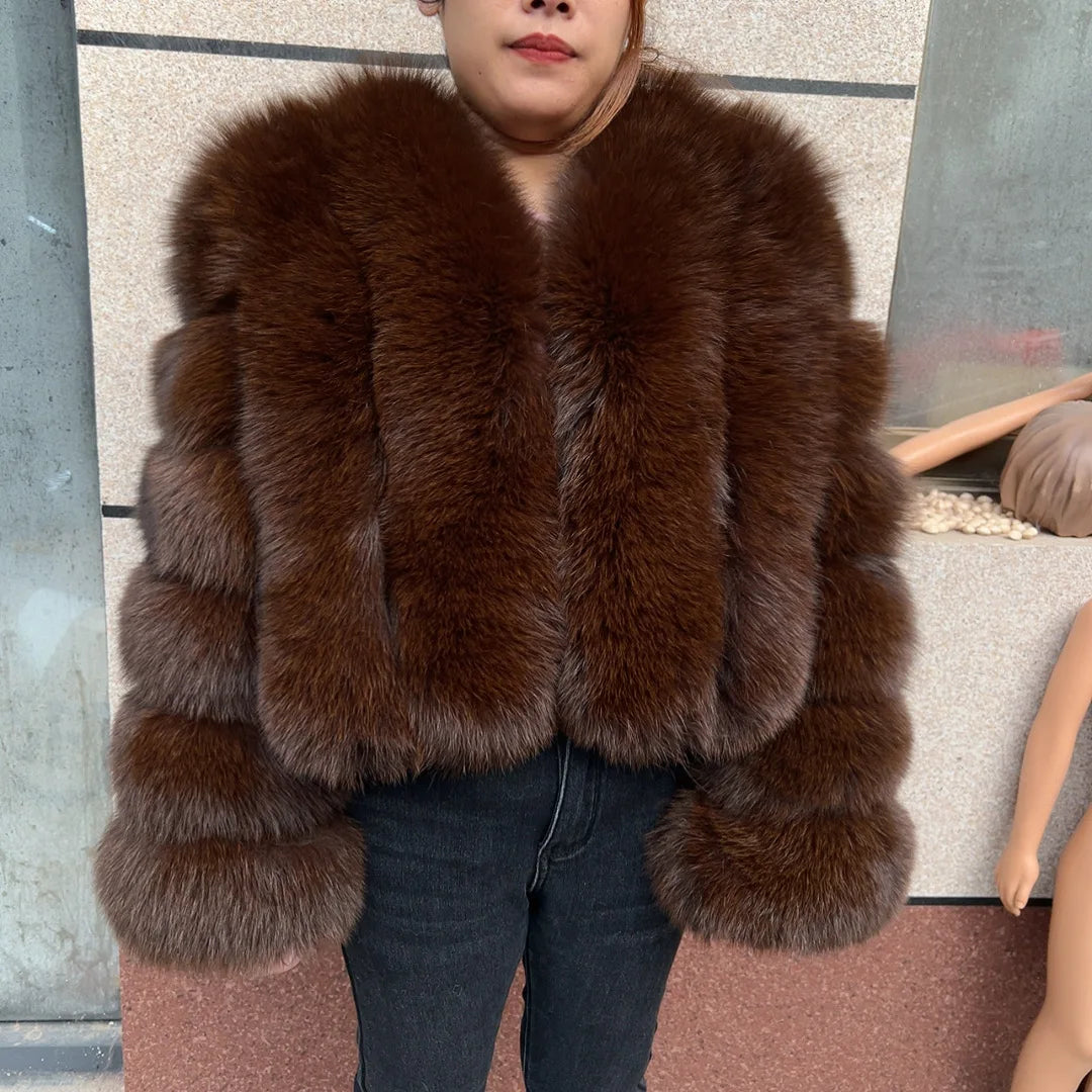 Women's fur coat, real fox skin vertical jacket, natural fox skin short clothing, long sleeved women's coat