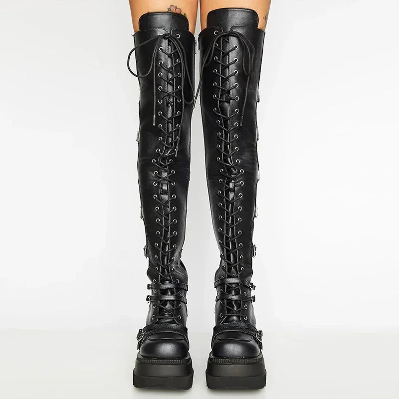 Punk Over-the-knee Boots Women Platform Heels Belt Buckle Boot Motorcycle Goth Shoe Thigh High Flat Boots Plus Size 42 43