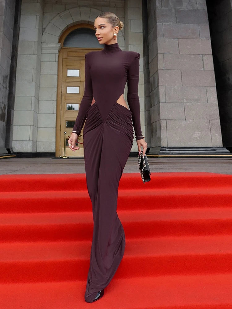 SiSterlinda Ruched Waistless Maxi Dress Women Sexy Shoulder Padded Patchwork Turtleneck Elegant Stretch Skinny Evening Bodycon