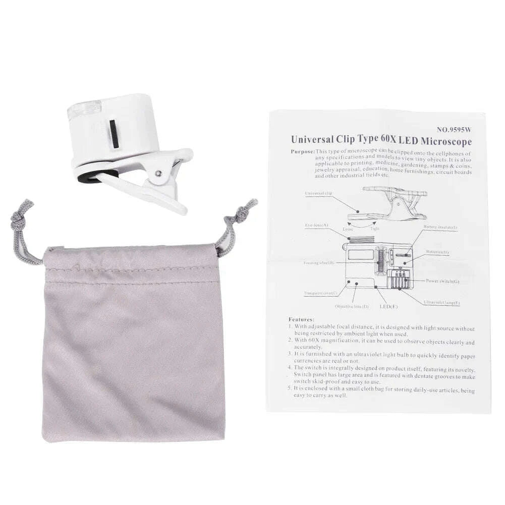 KIMLUD, 60X Mobile Phone Camera Clip Lens Mini Pocket UV/white Magnifier Portable Jeweler Microscope Loupe Used for students and learnin, KIMLUD Womens Clothes