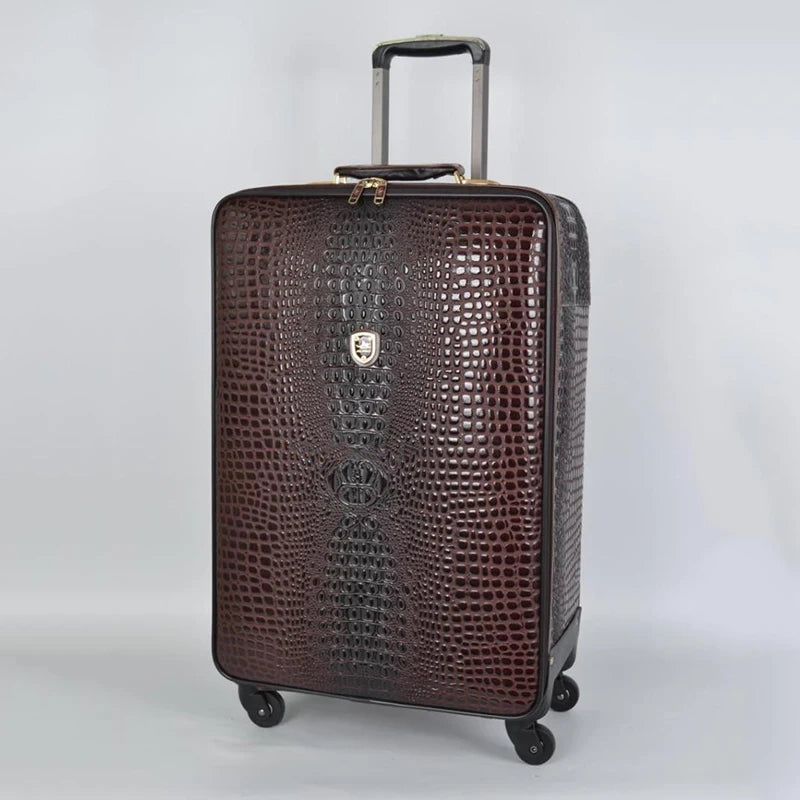 Suitcases Crocodile Pattern Leather Rolling Spinner Wheels — Brown | KIMLUD