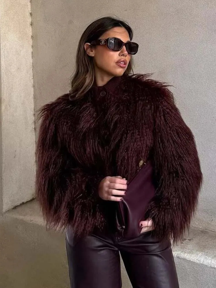 Faux Fur Knitted Short Coats Autumn And Winter Women Fashion O-Neck Jackets 2025 Elegant Office Ladies Casual Outerwear 