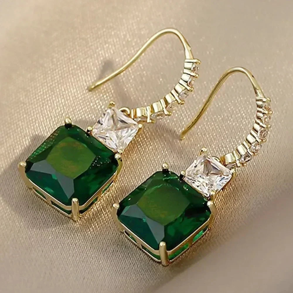 Cubic Zirconia Drop Earrings Water-Drop Inlaid — Emerald | KIMLUD
