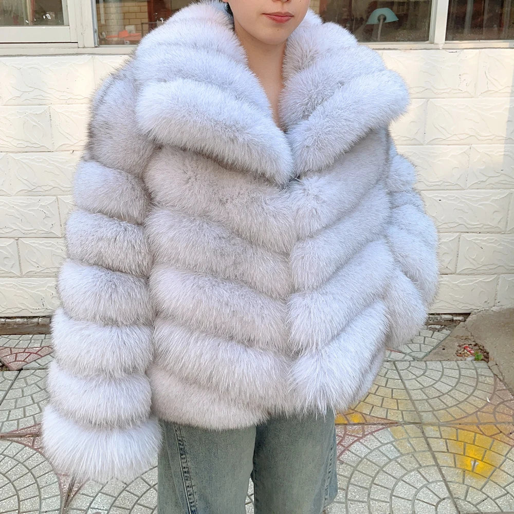 QUEENTINA Winter New Women's Real Fox Fur Coat With Collar Overcoat Leather Female Natural Plus Size