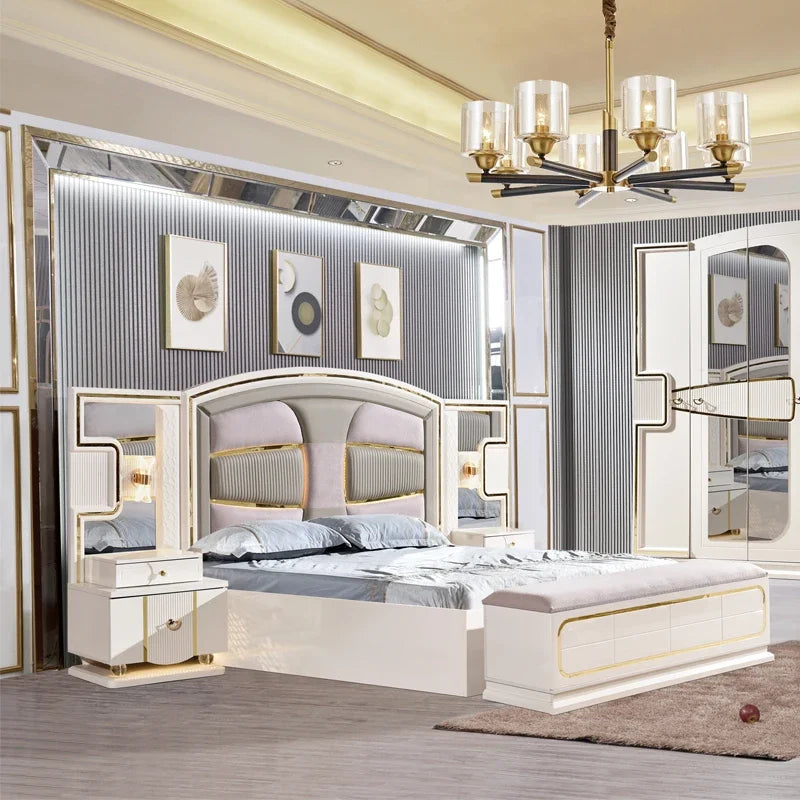 Leather King-Size Bed Set With Nightstands, Wardrobe, And Dressing Table — White | KIMLUD