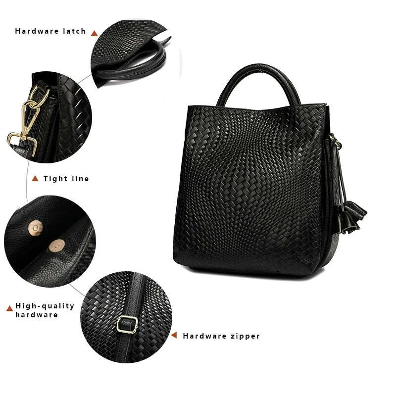 KIMLUD, Fashionable and luxurious woven pattern casual versatile black woven pattern daily commuting cowhide women's handbag, KIMLUD Womens Clothes