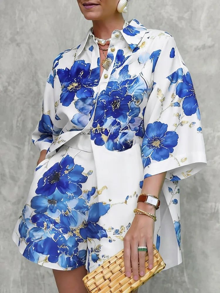 Lapel Blouse – Floral Printed – Polyester – Blue | KIMLUD