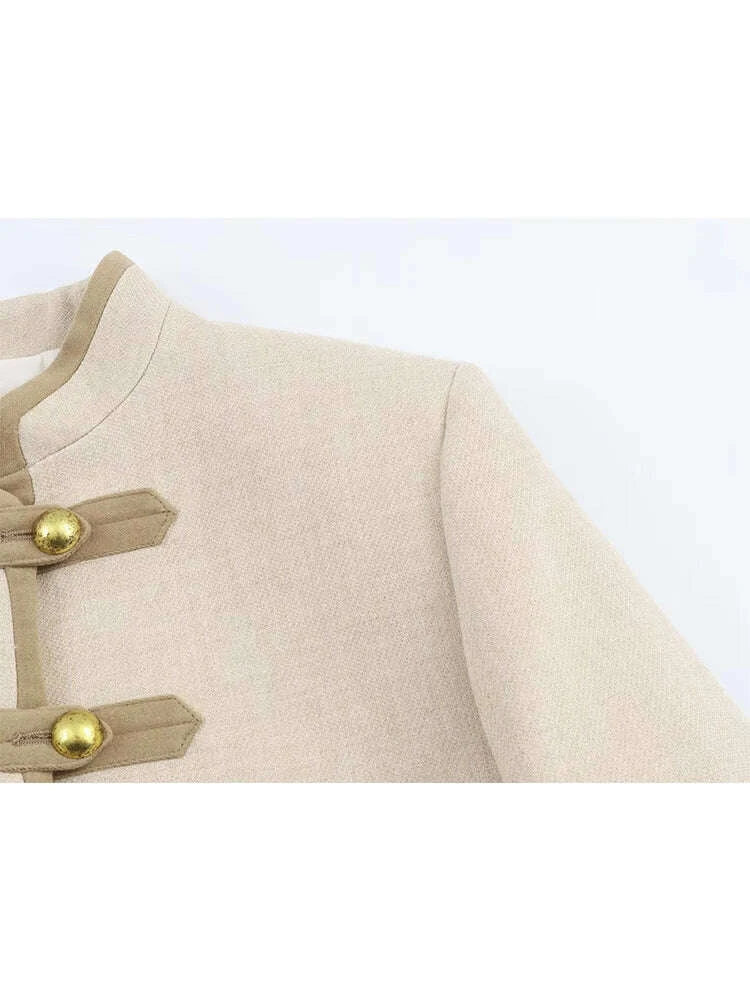 KIMLUD, TFMLN Vintage Button Jacket For Women Stand Collar Autumn New Slim Casual Shoulder Pad Outerwear Ladies Short Coat 2025, KIMLUD Womens Clothes