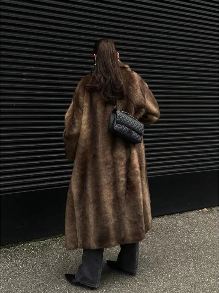 Faux Fur Coat – Turn-Down Collar – Man-Made Fiber – Mixed Color | KIMLUD