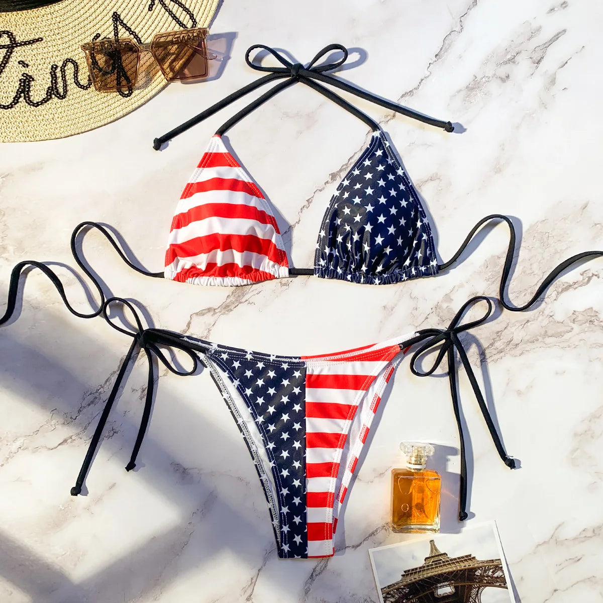Flag Print Push Up Halter Bikini — Red White Blue | KIMLUD
