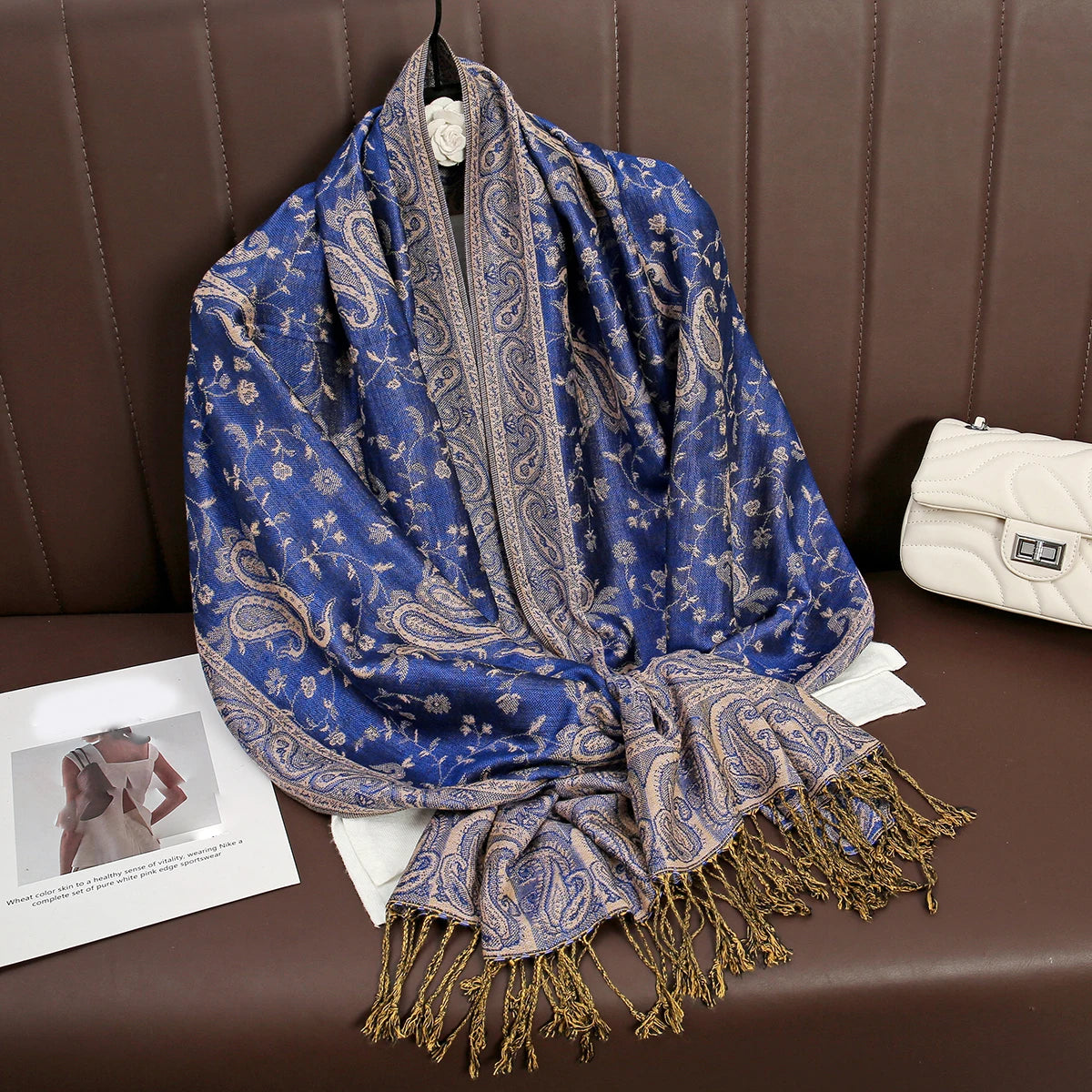 Cashmere Pashmina Shawl With Autumn Print Design, Olive Accents And Gold-Toned Fringe — Red | KIMLUD